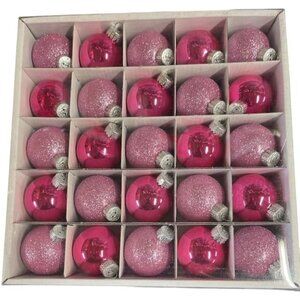 Set Of 24 Pink Christmas Tree Ornaments - 12 Shiny & 12 Glitter Round Shape 2.5"